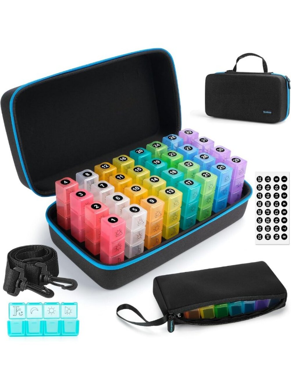 32 Compartment Monthly Pill Organizer - 4x Daily Travel Case & Weekly Bag